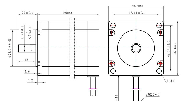 57×57×100mm Stepping Motor dimensional specifications